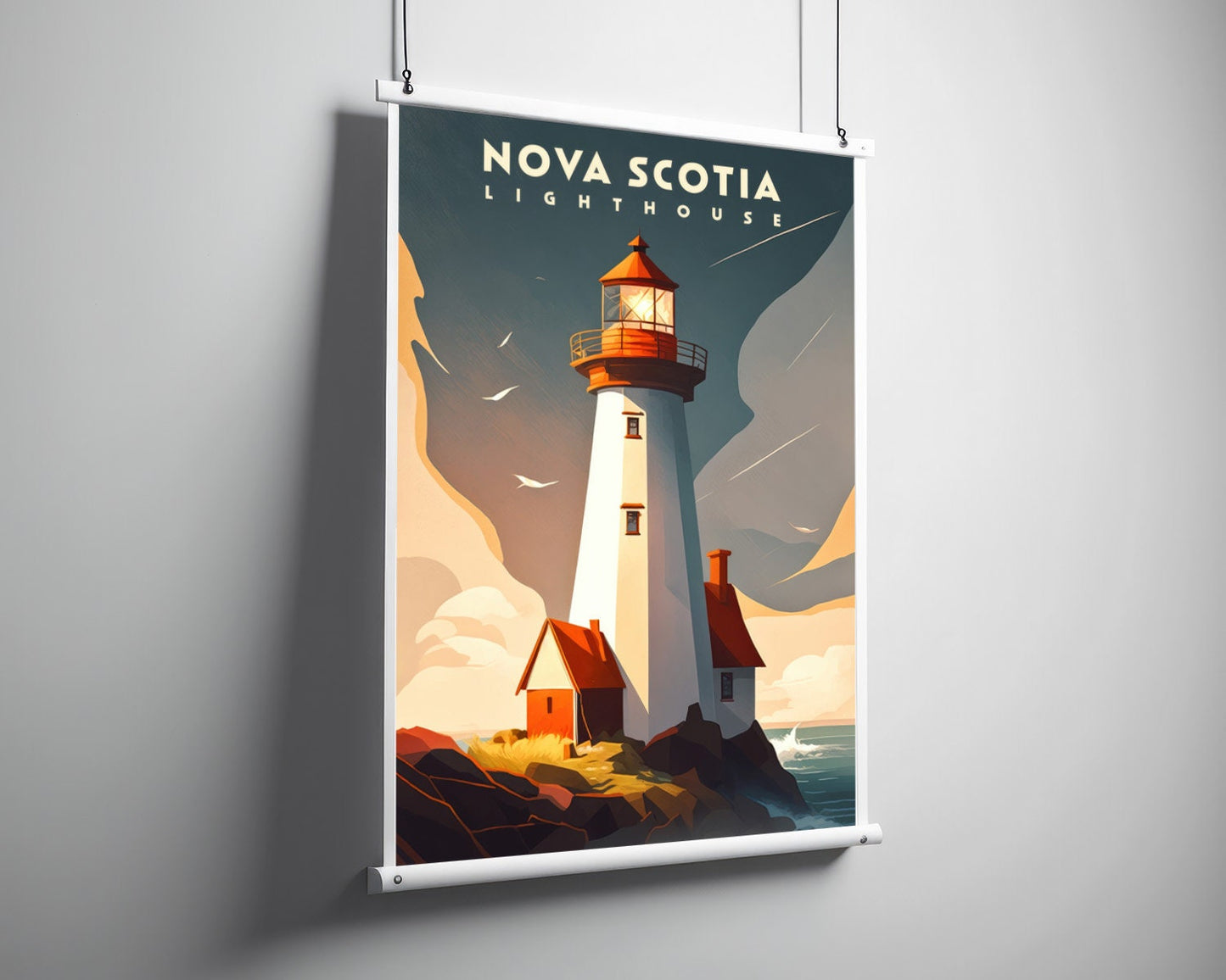 Framed Nova Scotia Canada Travel Poster in Portrait orientation, minimal background, close up wall art print 3