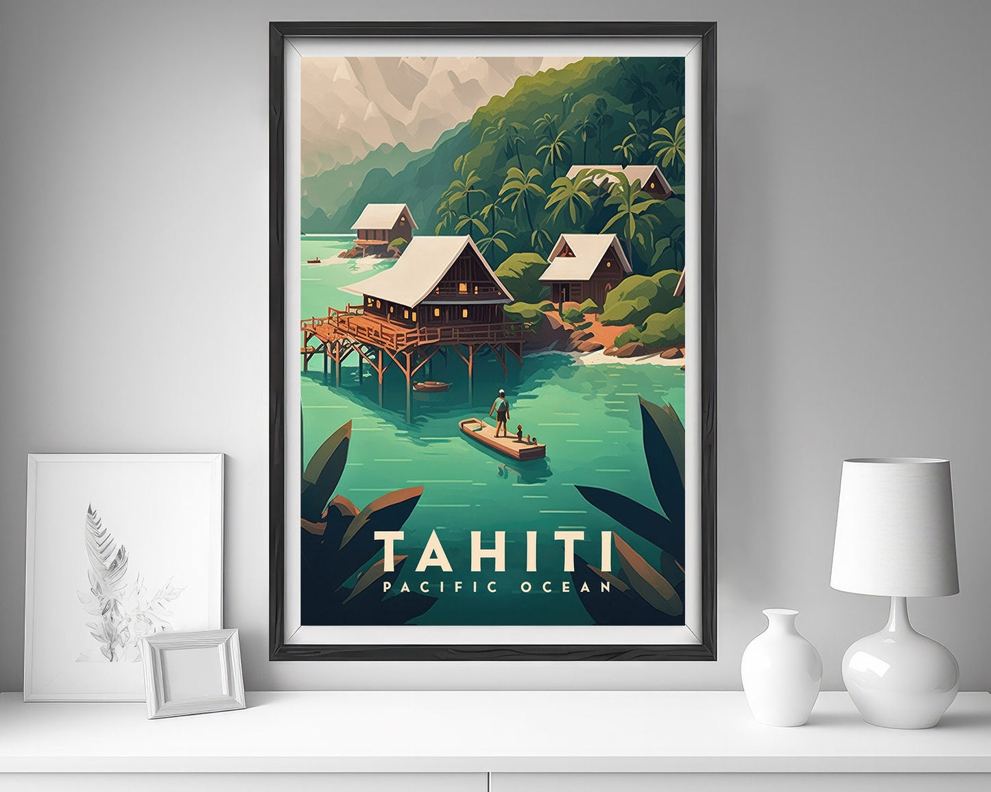 Framed Pacific Ocean Tahiti Travel Poster in Portrait orientation, minimal background, close up wall art print 5