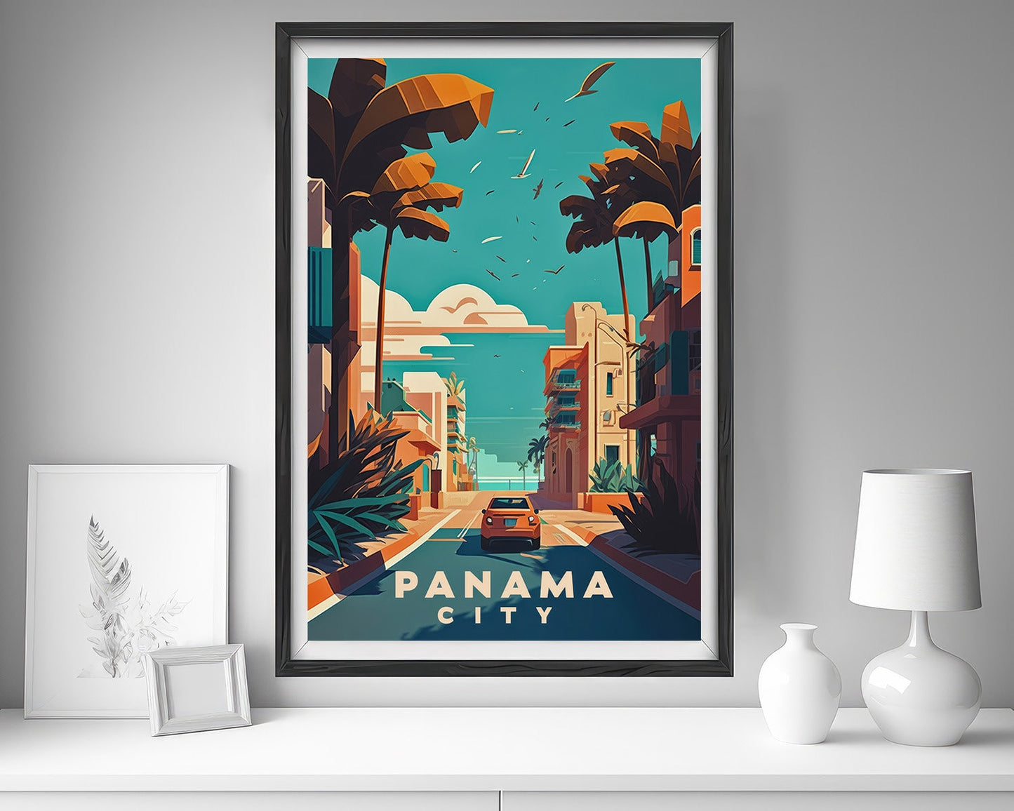 Framed Panama City Travel Poster in Portrait orientation, minimal background, close up wall art print 5