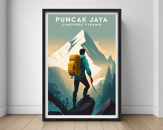 Framed Pancak Jaya Mountain Travel Poster in Portrait orientation, minimal background, close up wall art print 1