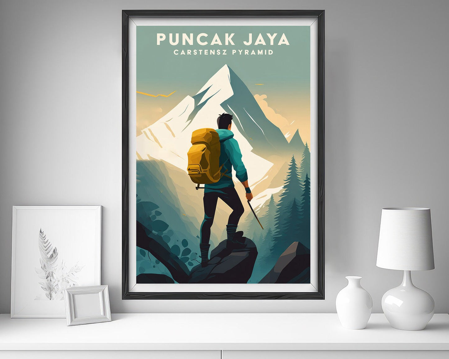 Framed Pancak Jaya Mountain Travel Poster in Portrait orientation, minimal background, close up wall art print 5