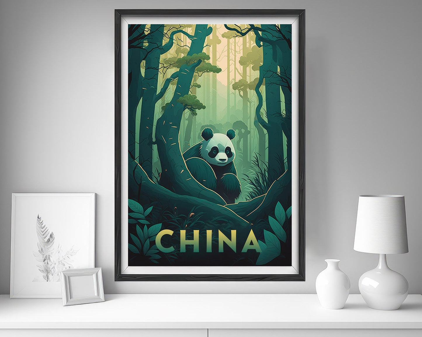 Framed Panda China Travel Poster in Portrait orientation, minimal background, close up wall art print 5