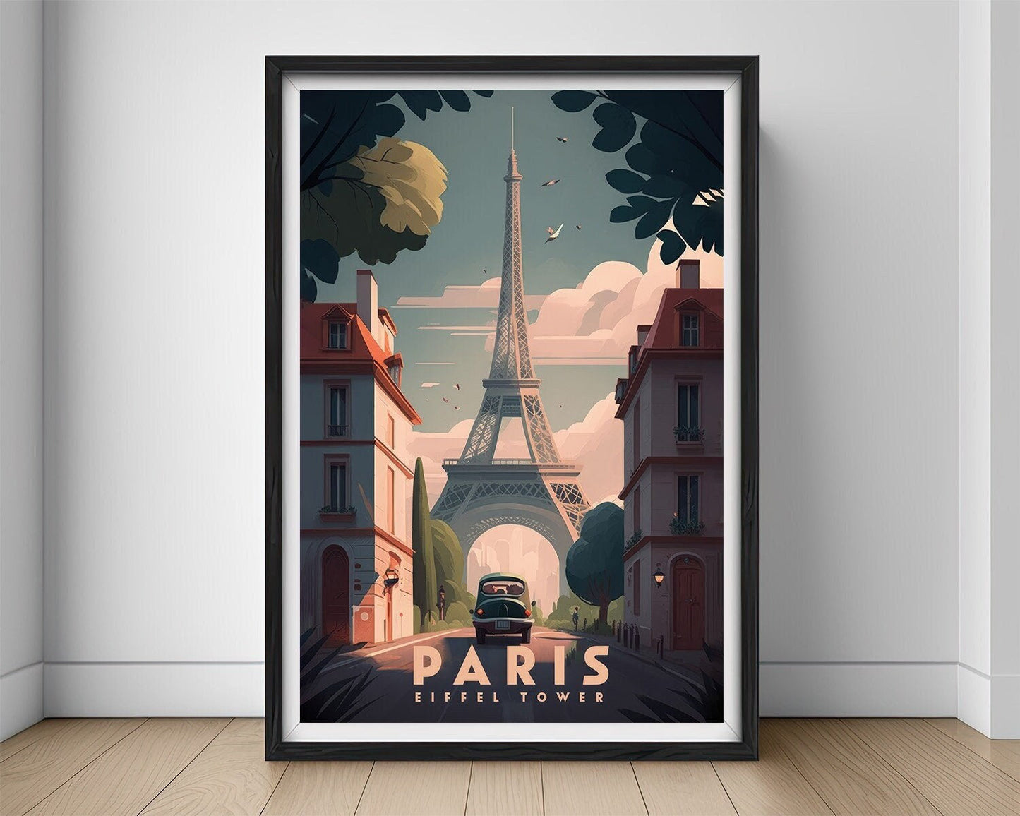 Framed Paris Eiffel Tower Travel Poster in Portrait orientation, minimal background, close up wall art print 1