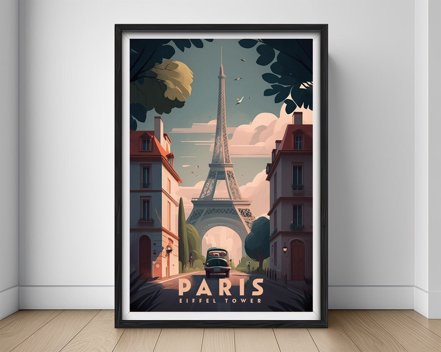 Framed Paris Eiffel Tower Travel Poster in Portrait orientation, minimal background, close up wall art print 1