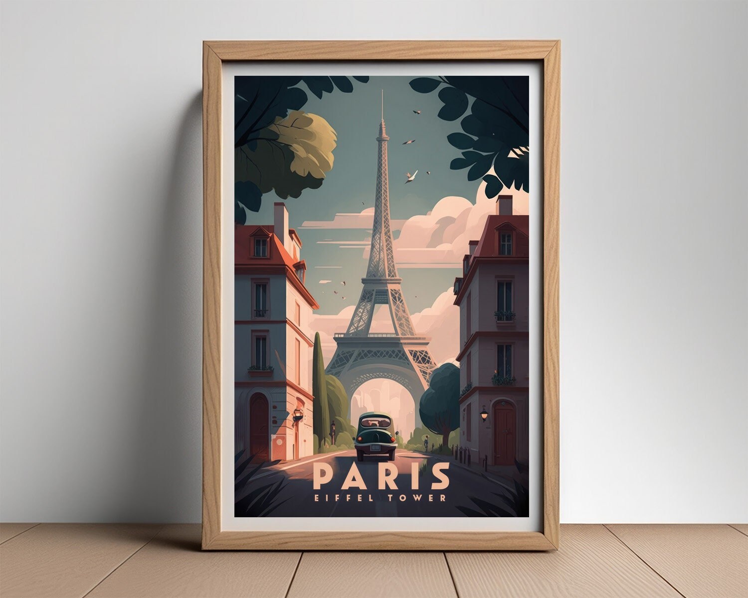 Framed Paris Eiffel Tower Travel Poster in Portrait orientation, minimal background, close up wall art print 2