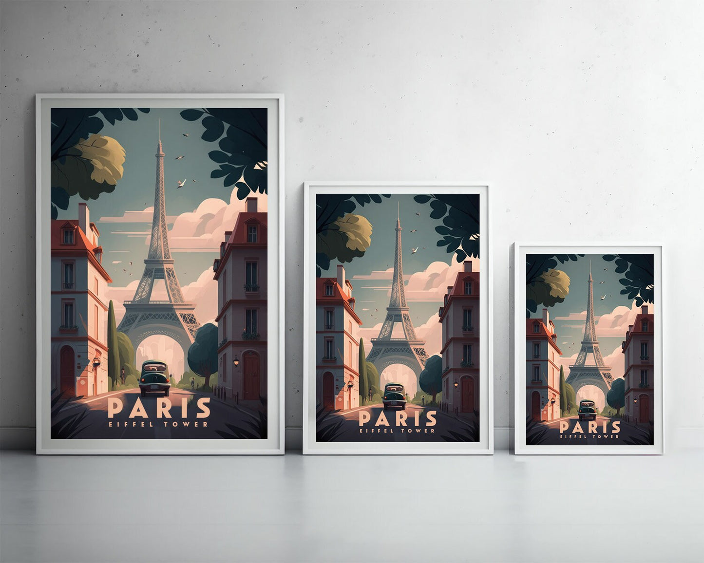 Framed Paris Eiffel Tower Travel Poster in Portrait orientation, minimal background, close up wall art print 3