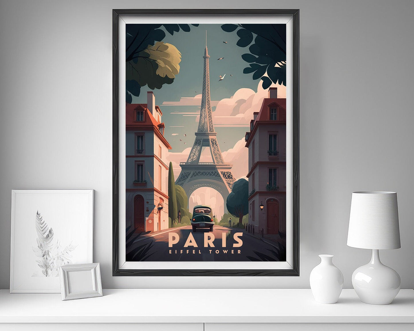 Framed Paris Eiffel Tower Travel Poster in Portrait orientation, minimal background, close up wall art print 5
