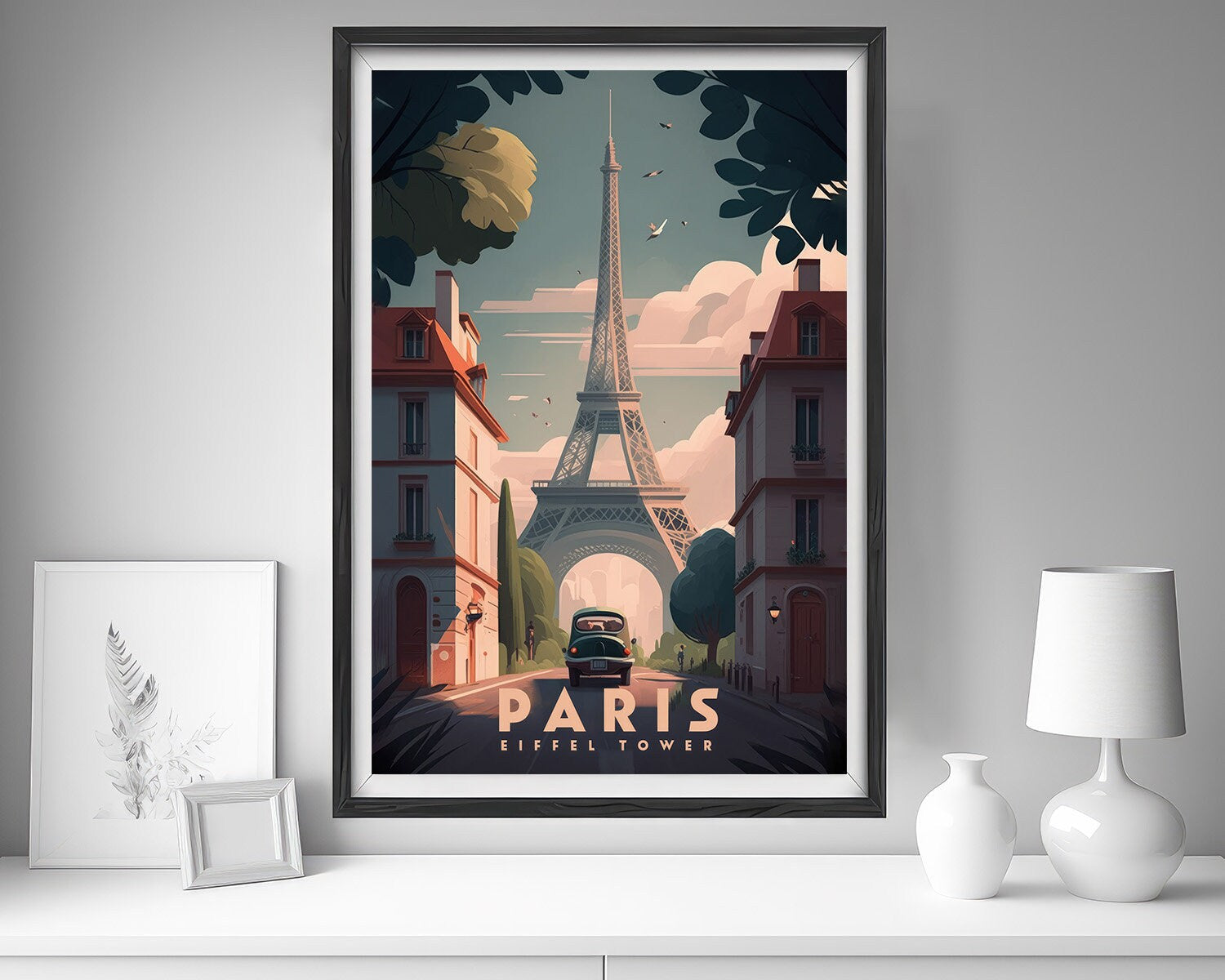 Framed Paris Eiffel Tower Travel Poster in Portrait orientation, minimal background, close up wall art print 5