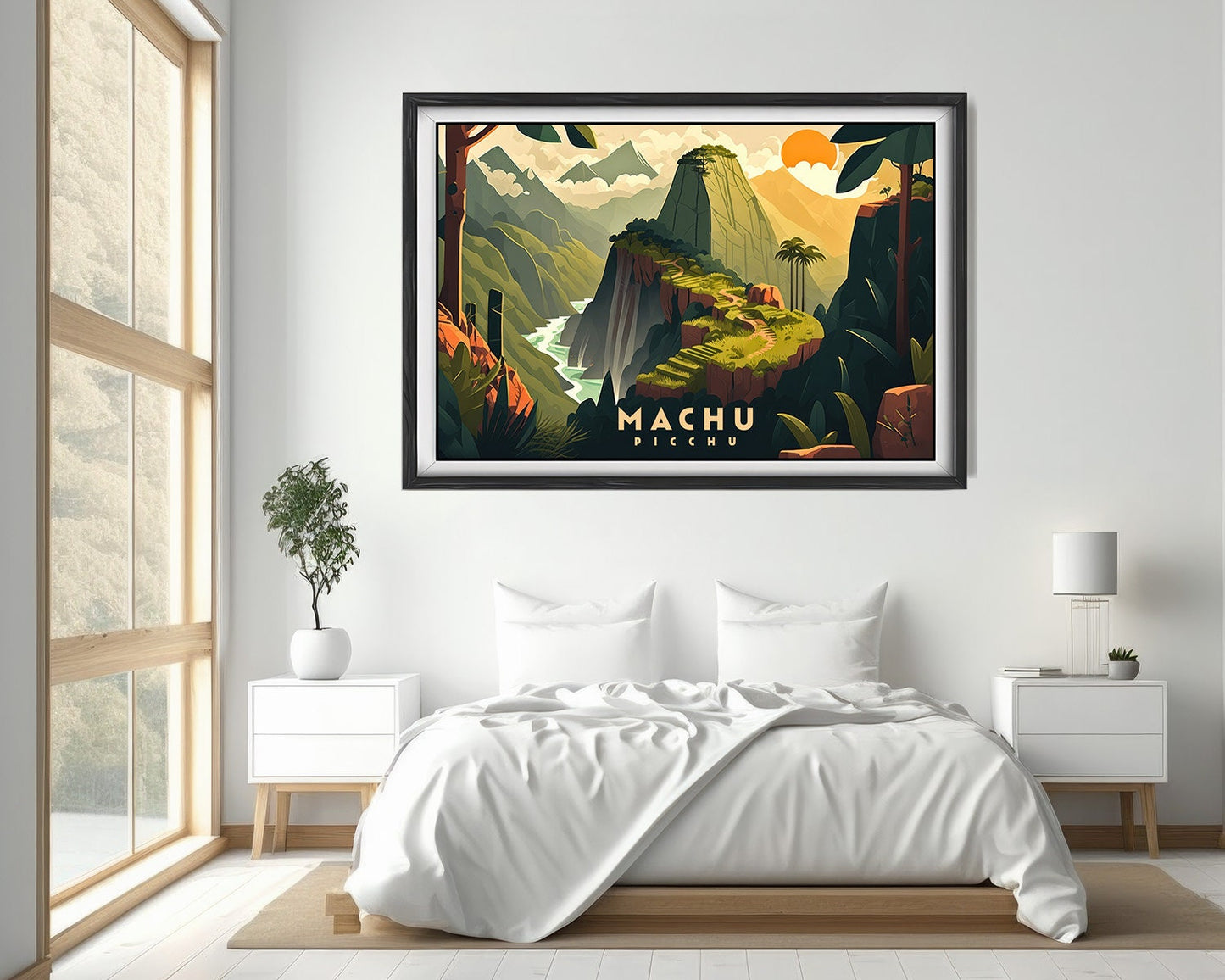 Framed Peru Machu Picchu South America Travel Poster in Landscape orientation, minimal background, close up wall art print 4
