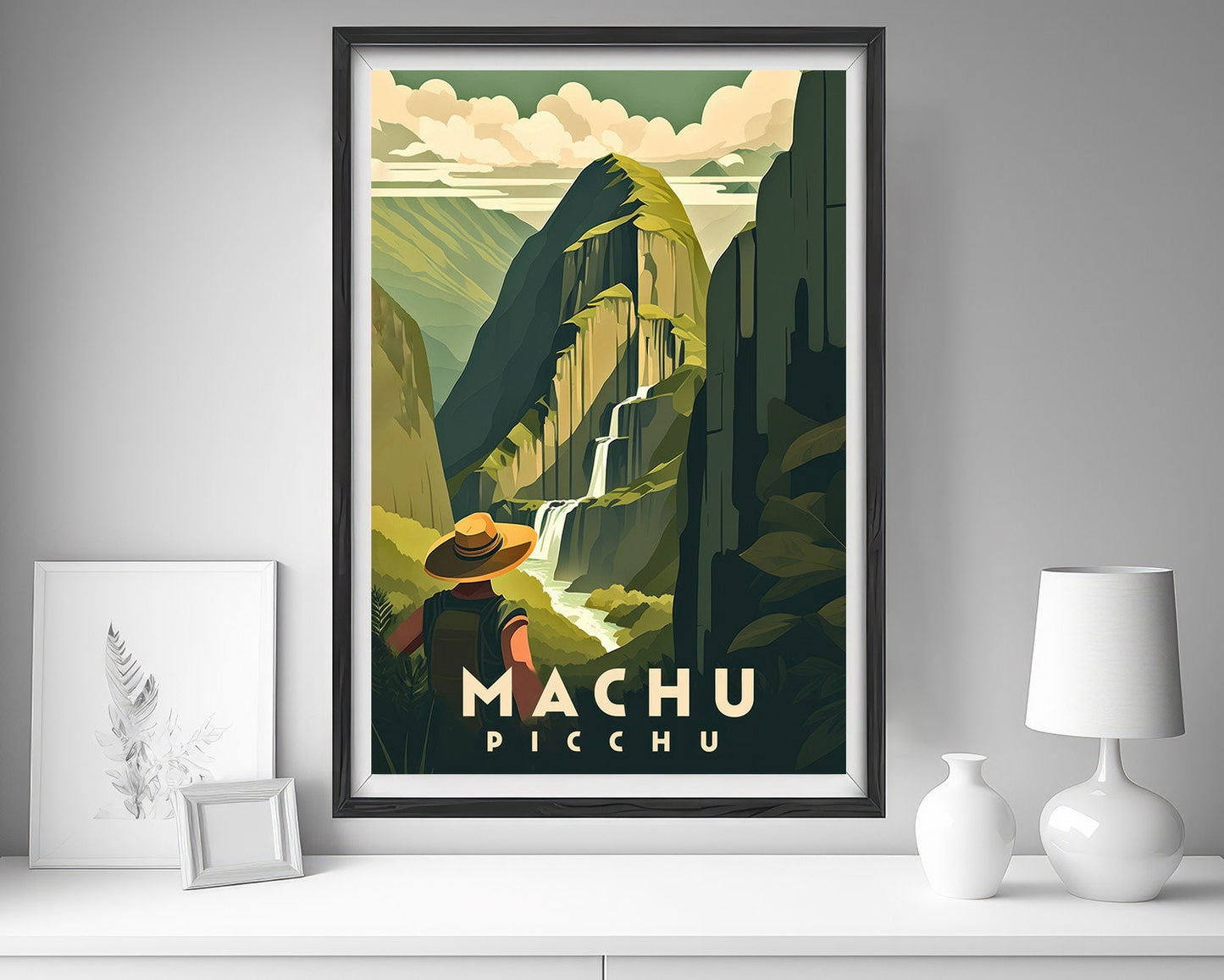 Framed Peru Machu Picchu Travel Poster in Portrait orientation, minimal background, close up wall art print 5
