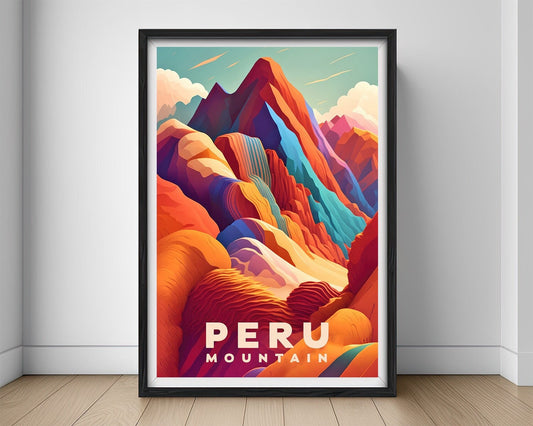 Framed Peru Rainbow Mountain Travel Poster in Portrait orientation, minimal background, close up wall art print 1