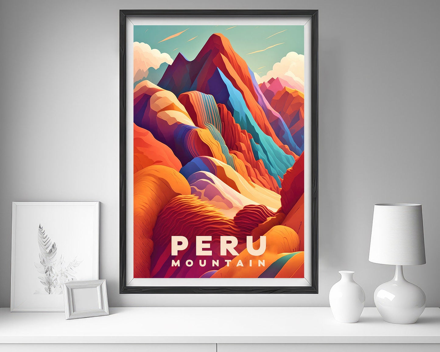 Framed Peru Rainbow Mountain Travel Poster in Portrait orientation, minimal background, close up wall art print 5