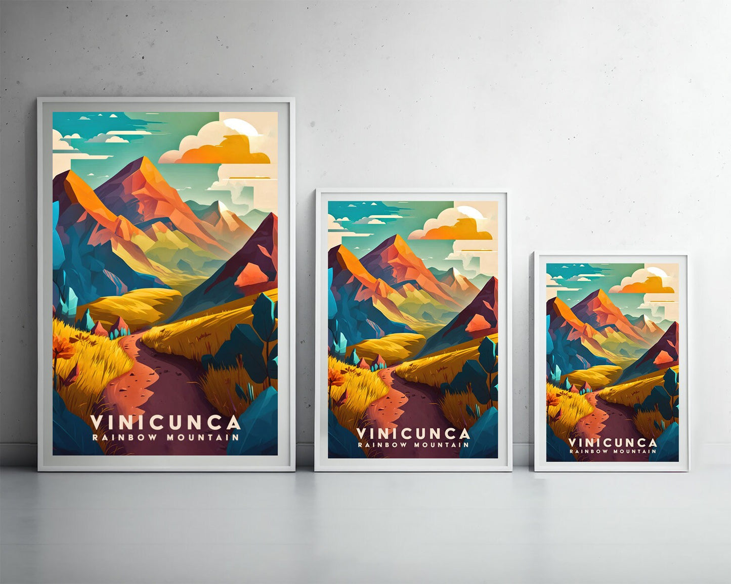Framed Peru Vinicunca Travel Poster in Portrait orientation, minimal background, close up wall art print 5