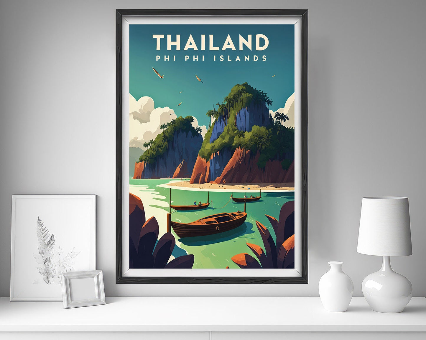 Framed Phi Phi Island Thailand Travel Poster in Portrait orientation, minimal background, close up wall art print 5