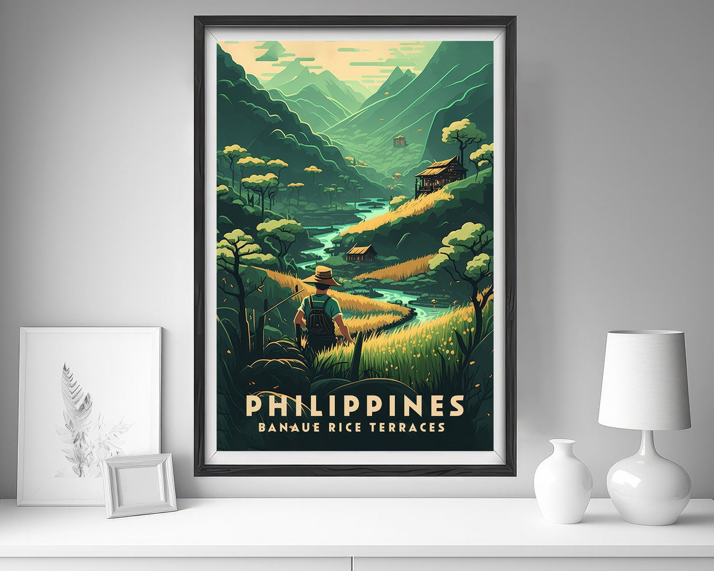 Framed Philippines Banaue Travel Poster in Portrait orientation, minimal background, close up wall art print 5