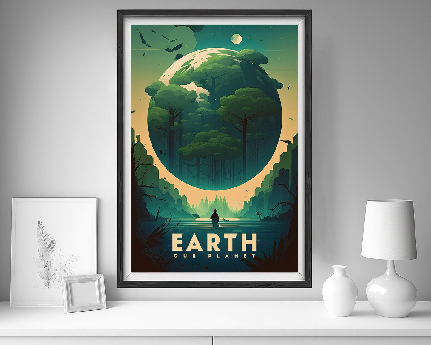 Framed Planet Earth Travel Poster in Portrait orientation, minimal background, close up wall art print 5