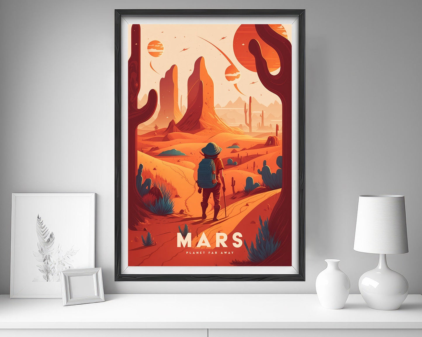 Framed Planet Mars Space Travel Poster in Portrait orientation, minimal background, close up wall art print 5