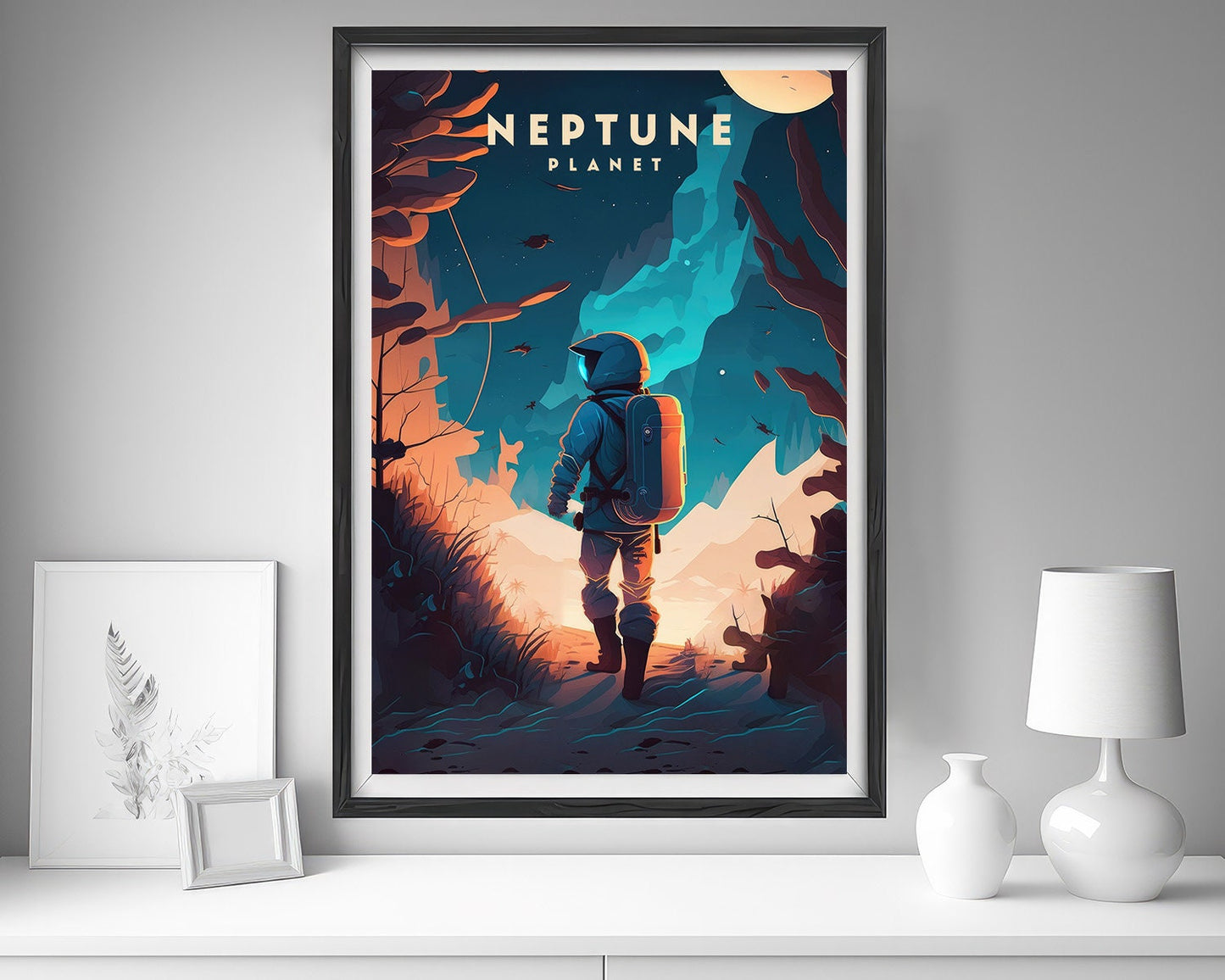 Framed Planet Neptune Travel Poster in Portrait orientation, minimal background, close up wall art print 5