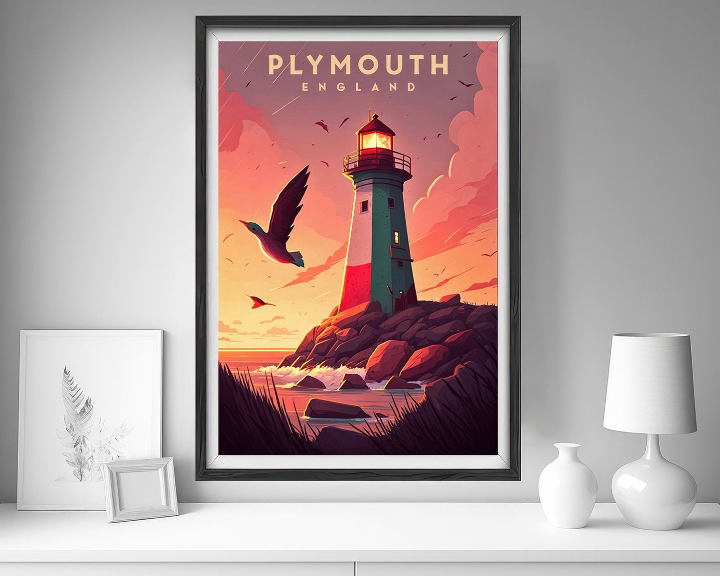 Framed Plymouth Travel Poster in Portrait orientation, minimal background, close up wall art print 5