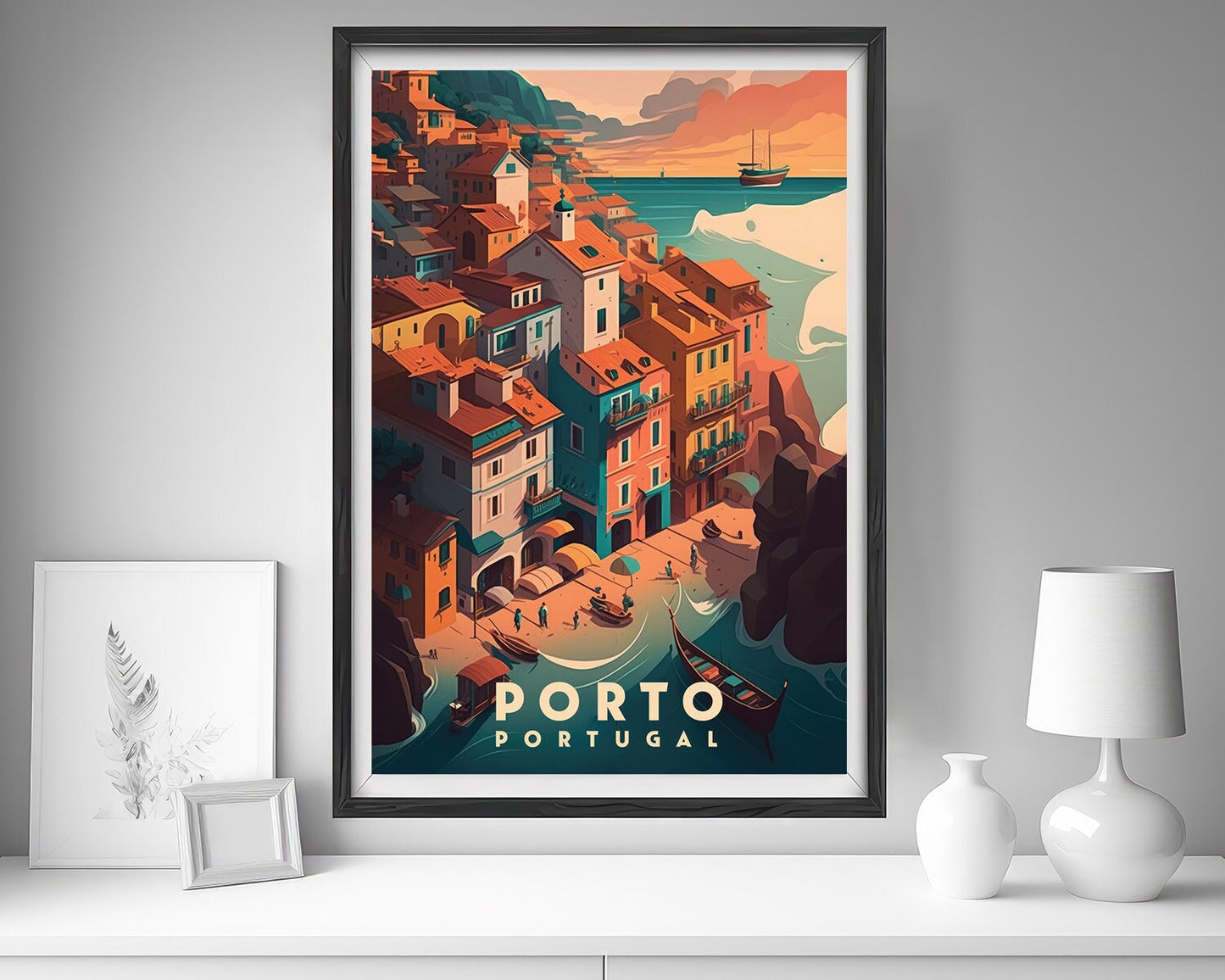 Framed Porto Portugal Travel Poster in Portrait orientation, minimal background, close up wall art print 5