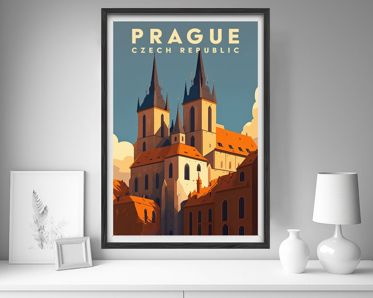 Framed Prague Czech Republic Travel Poster in Portrait orientation, minimal background, close up wall art print 5