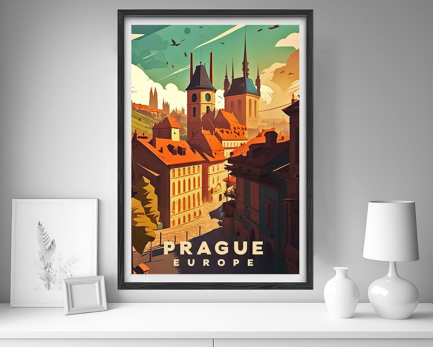 Framed Prague Europe Travel Poster in Portrait orientation, minimal background, close up wall art print 5