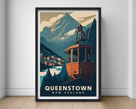 Framed Queenstown NZ Travel Poster in Portrait orientation, minimal background, close up wall art print 1