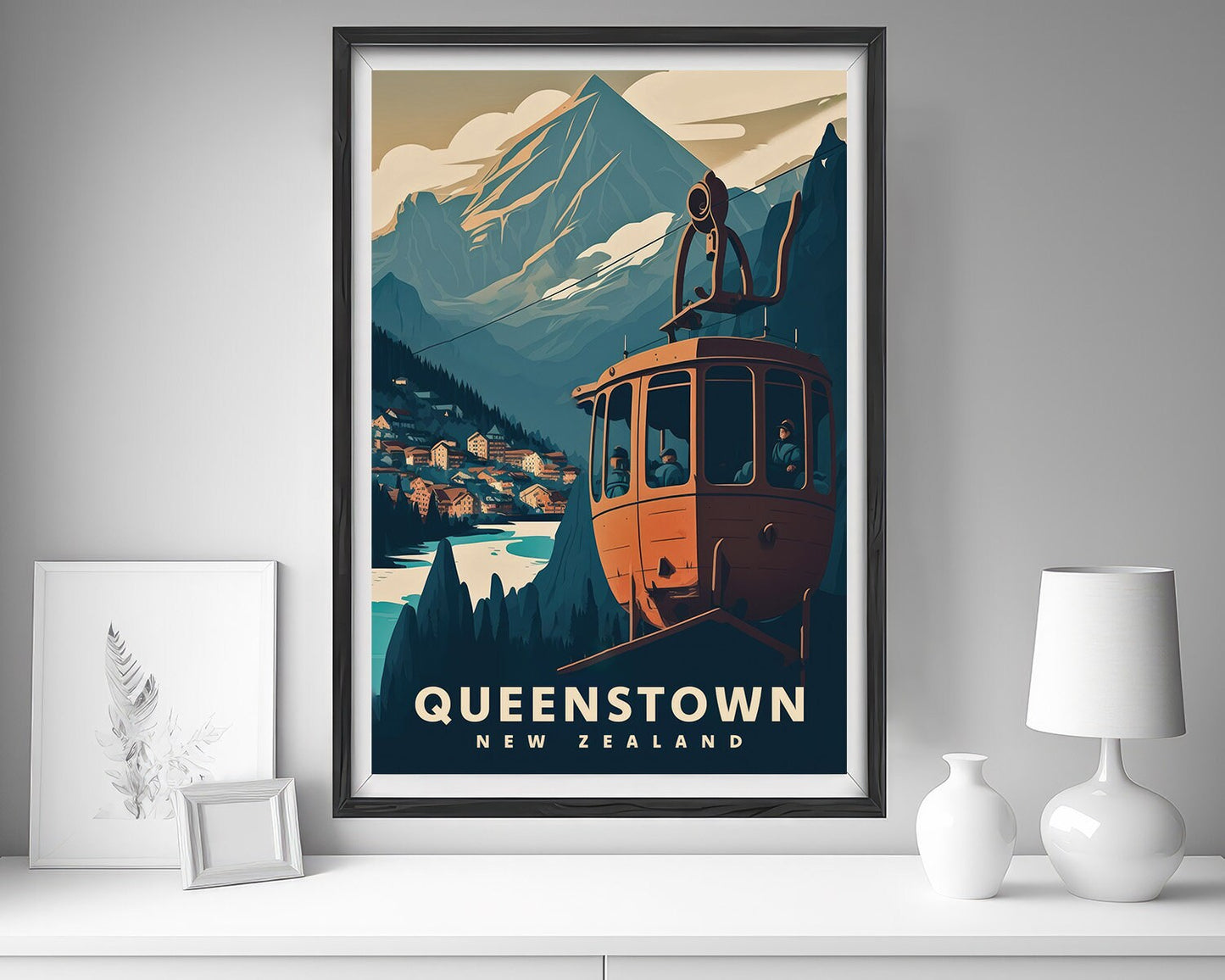 Framed Queenstown NZ Travel Poster in Portrait orientation, minimal background, close up wall art print 5