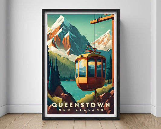 Framed Queenstown New Zealand Travel Poster in Portrait orientation, minimal background, close up wall art print 1