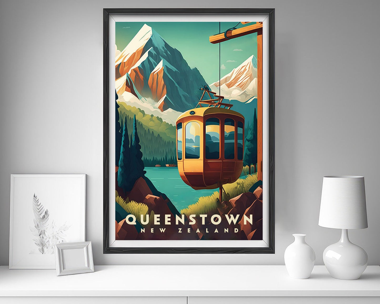 Framed Queenstown New Zealand Travel Poster in Portrait orientation, minimal background, close up wall art print 5