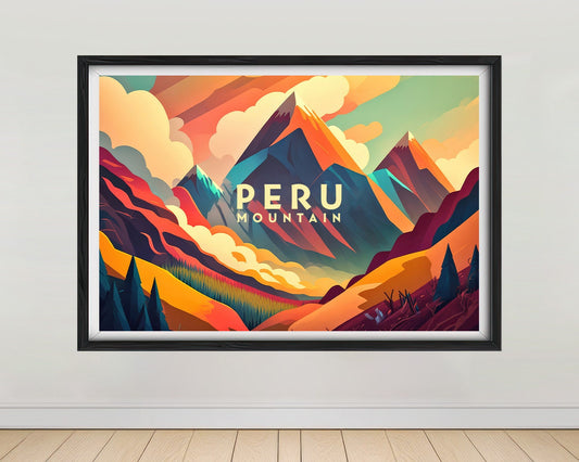 Framed Rainbow Mountain Peru Travel Poster in Landscape orientation, minimal background, close up wall art print 1