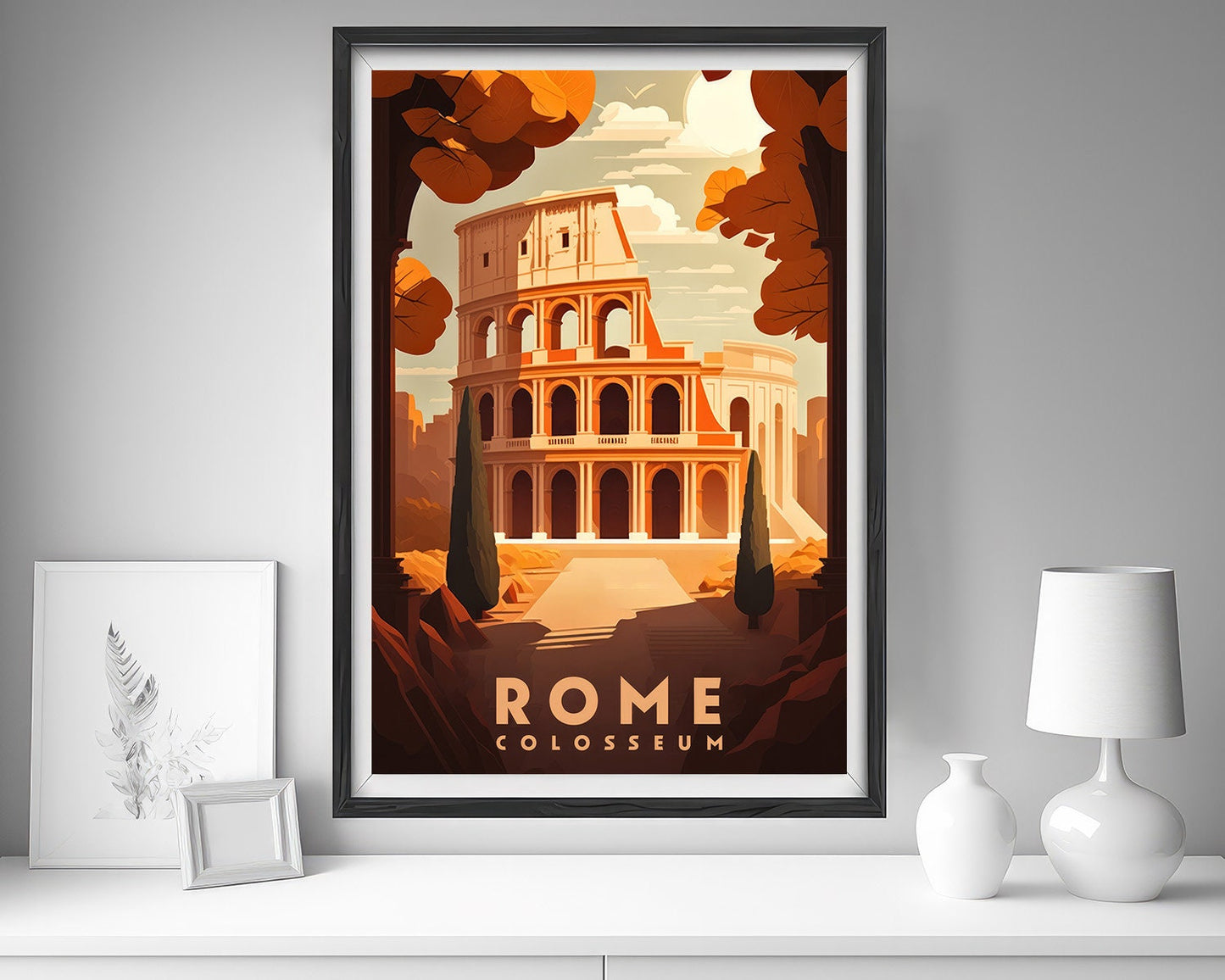 Framed Rome Colosseum Travel Poster in Portrait orientation, minimal background, close up wall art print 5