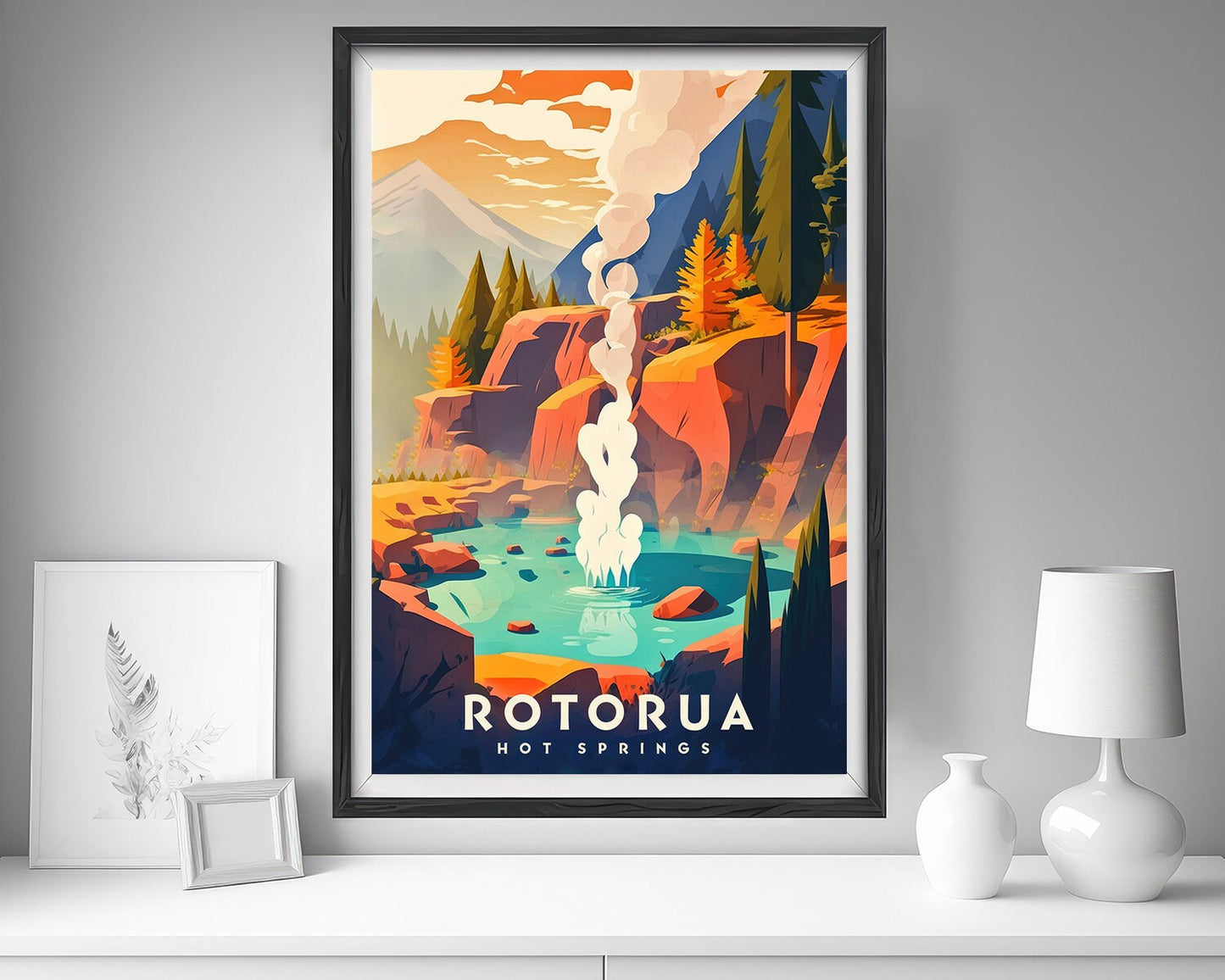Framed Rotorua Hot Springs Travel Poster in Portrait orientation, minimal background, close up wall art print 5
