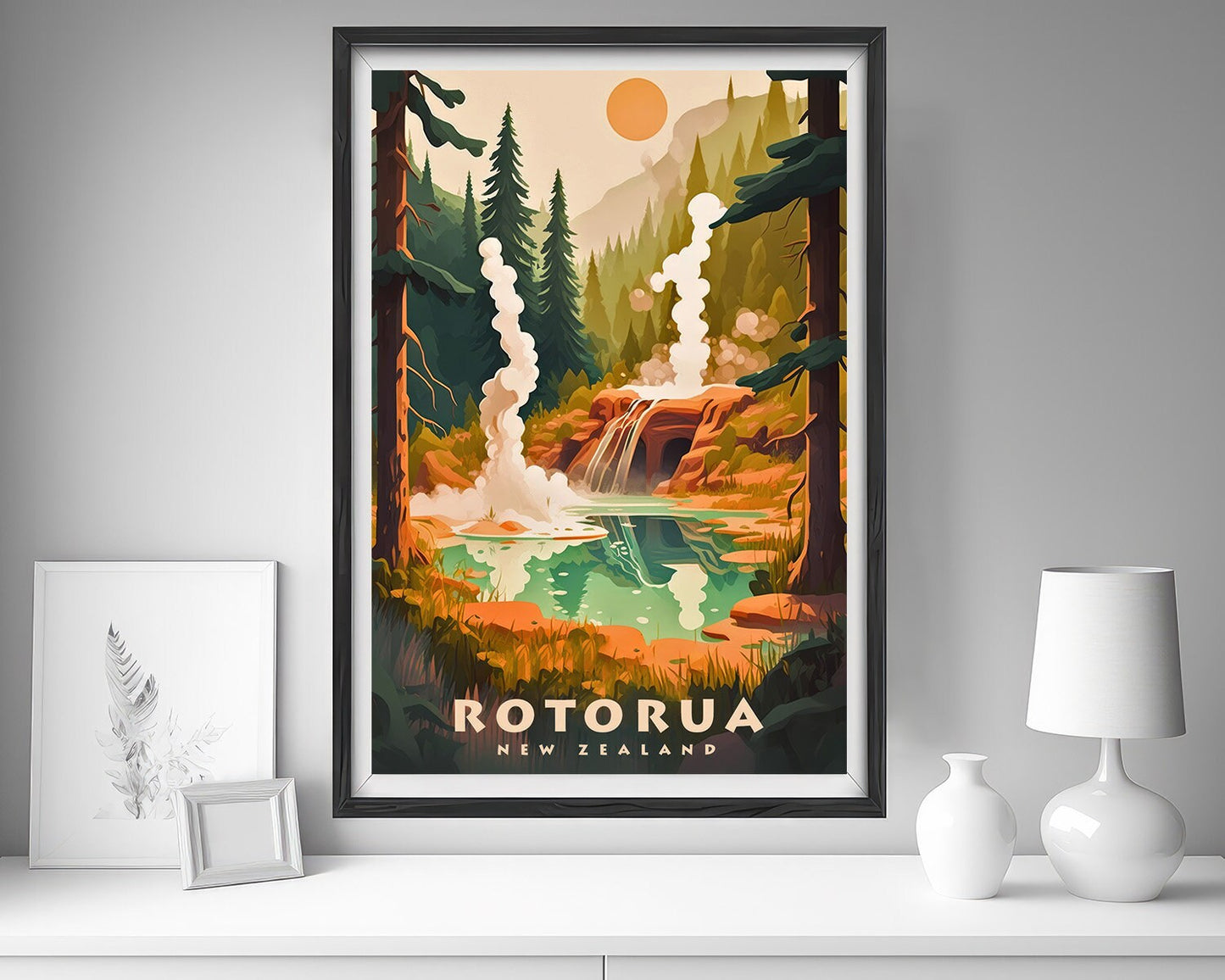 Framed Rotorua New Zealand Travel Poster in Portrait orientation, minimal background, close up wall art print 5