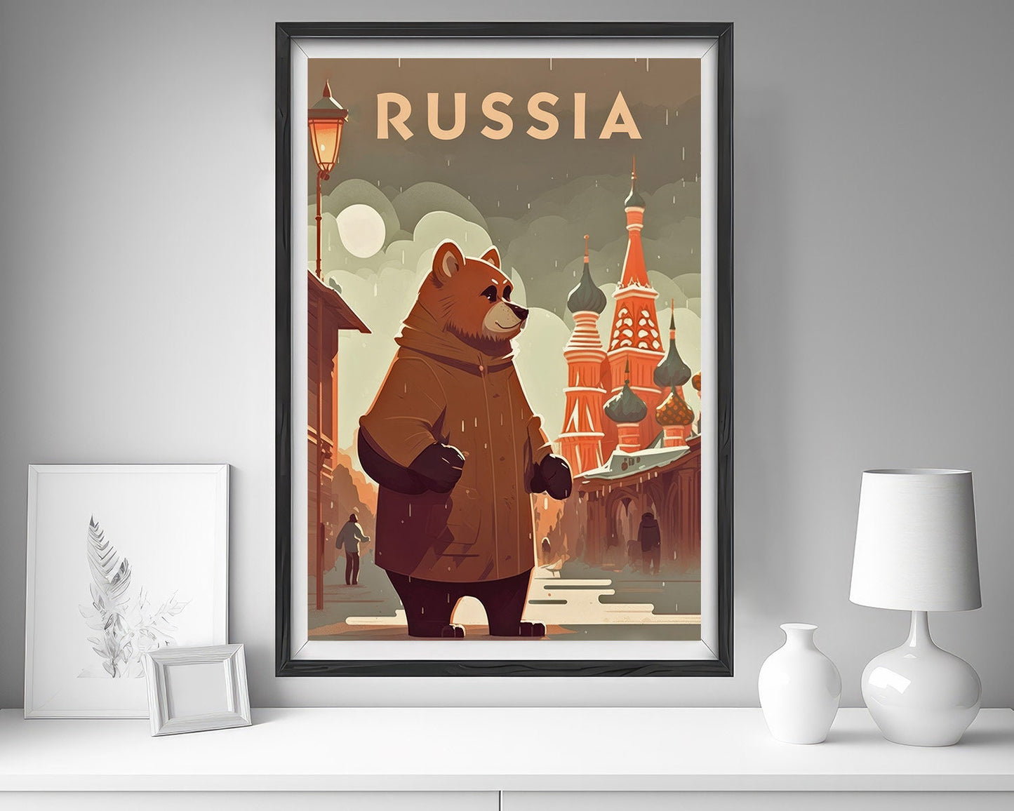 Framed Russia Moscow Bear Travel Poster in Portrait orientation, minimal background, close up wall art print 5