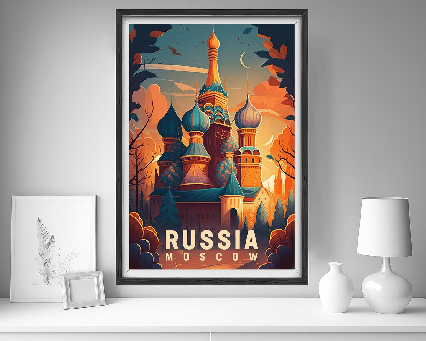 Framed Russia Moscow Travel Poster in Portrait orientation, minimal background, close up wall art print 5