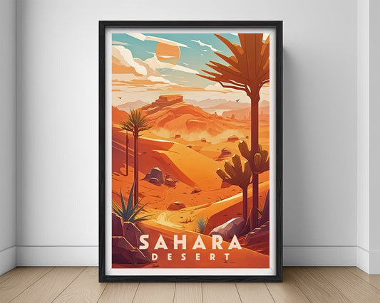 Framed Sahara Desert Travel Poster in Portrait orientation, minimal background, close up wall art print 1