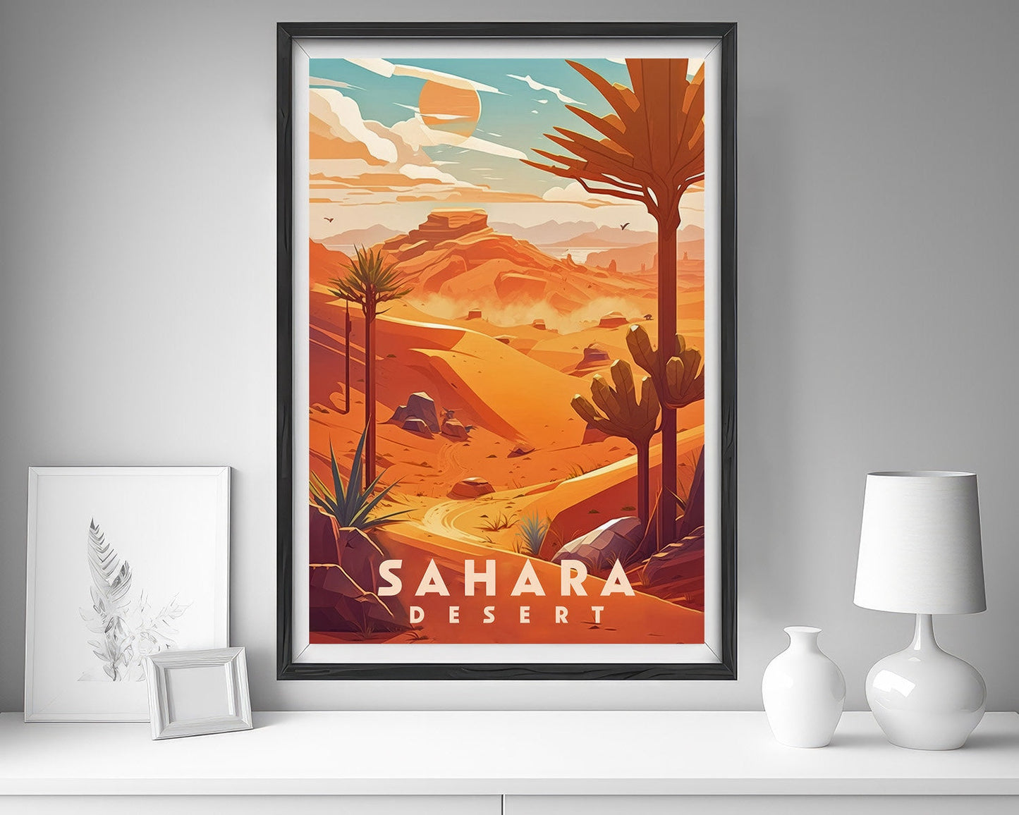 Framed Sahara Desert Travel Poster in Portrait orientation, minimal background, close up wall art print 5