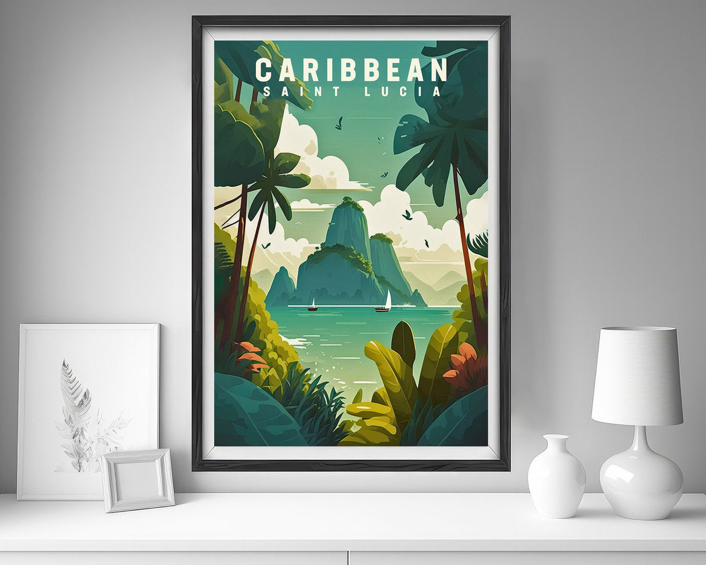 Framed Saint Lucia Caribbean Travel Poster in Portrait orientation, minimal background, close up wall art print 5