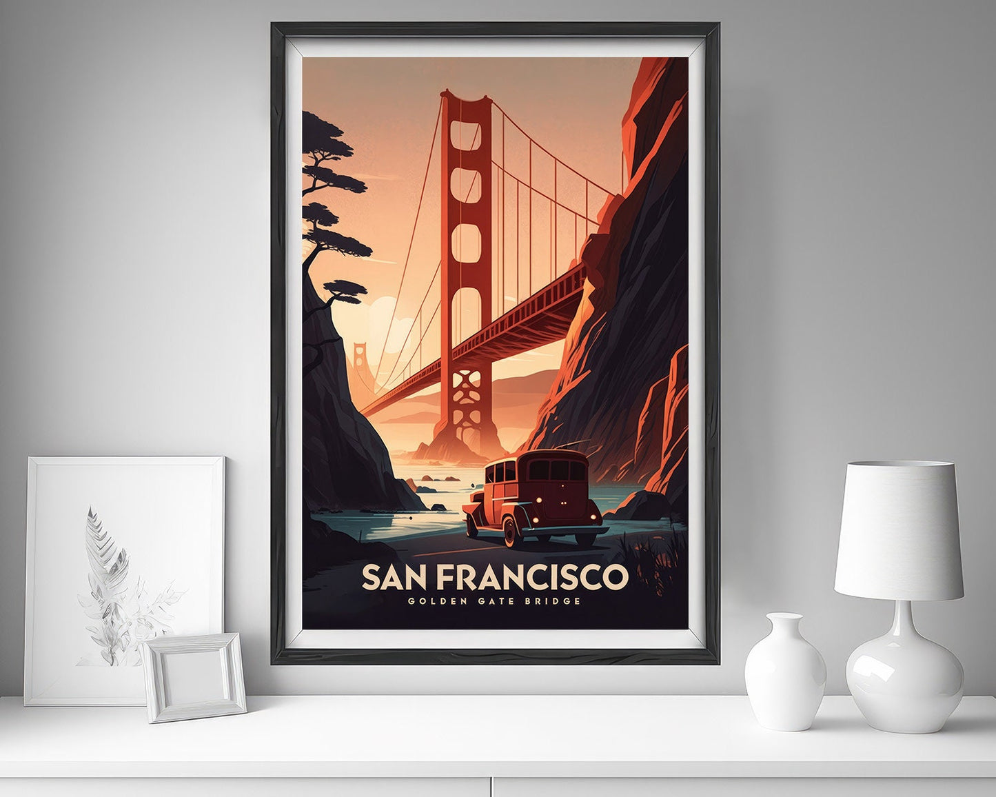 Framed San Francisco Travel Poster in Portrait orientation, minimal background, close up wall art print 5