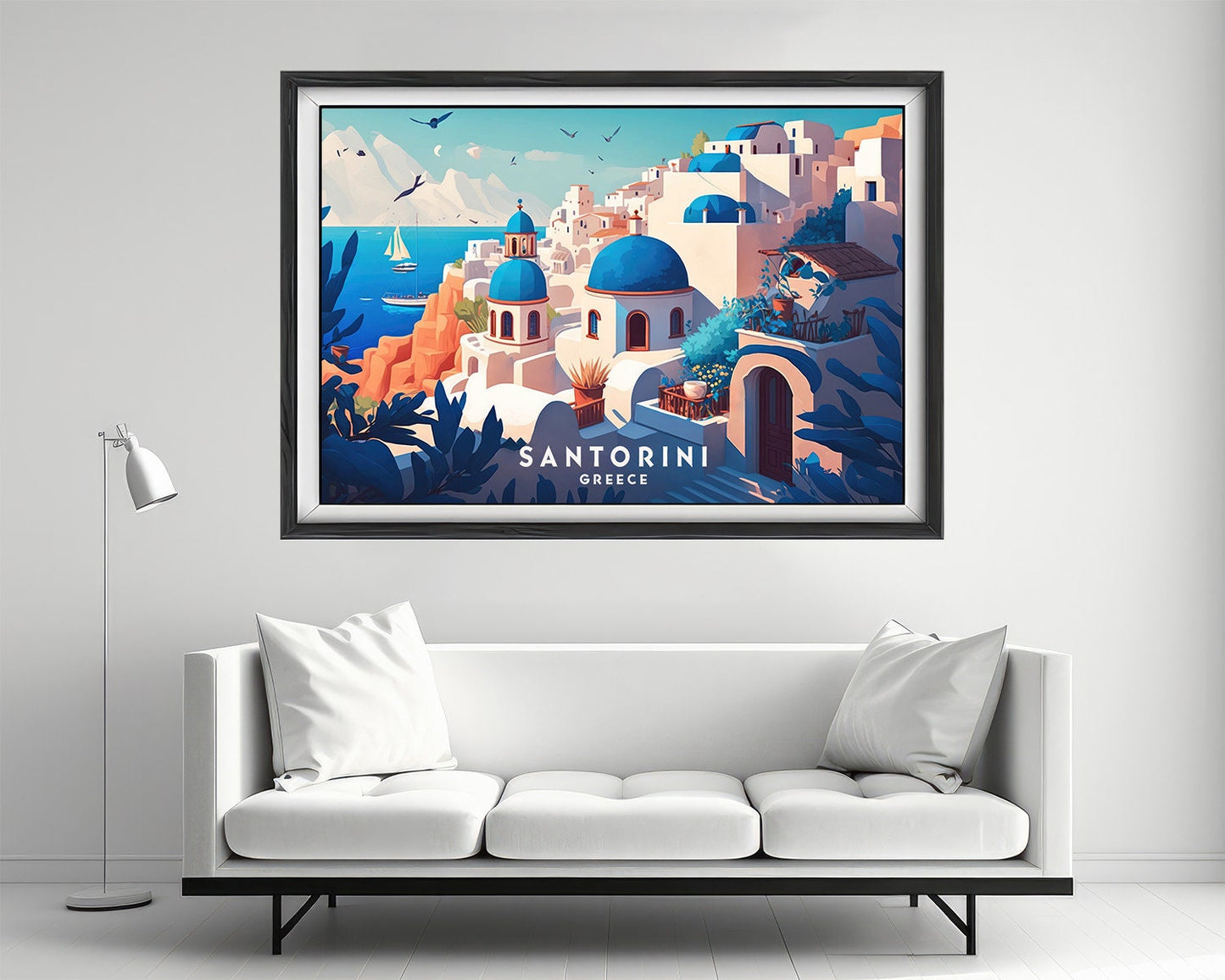 Framed Santorini Greece Europe Travel Poster in Landscape orientation, minimal background, close up wall art print 4