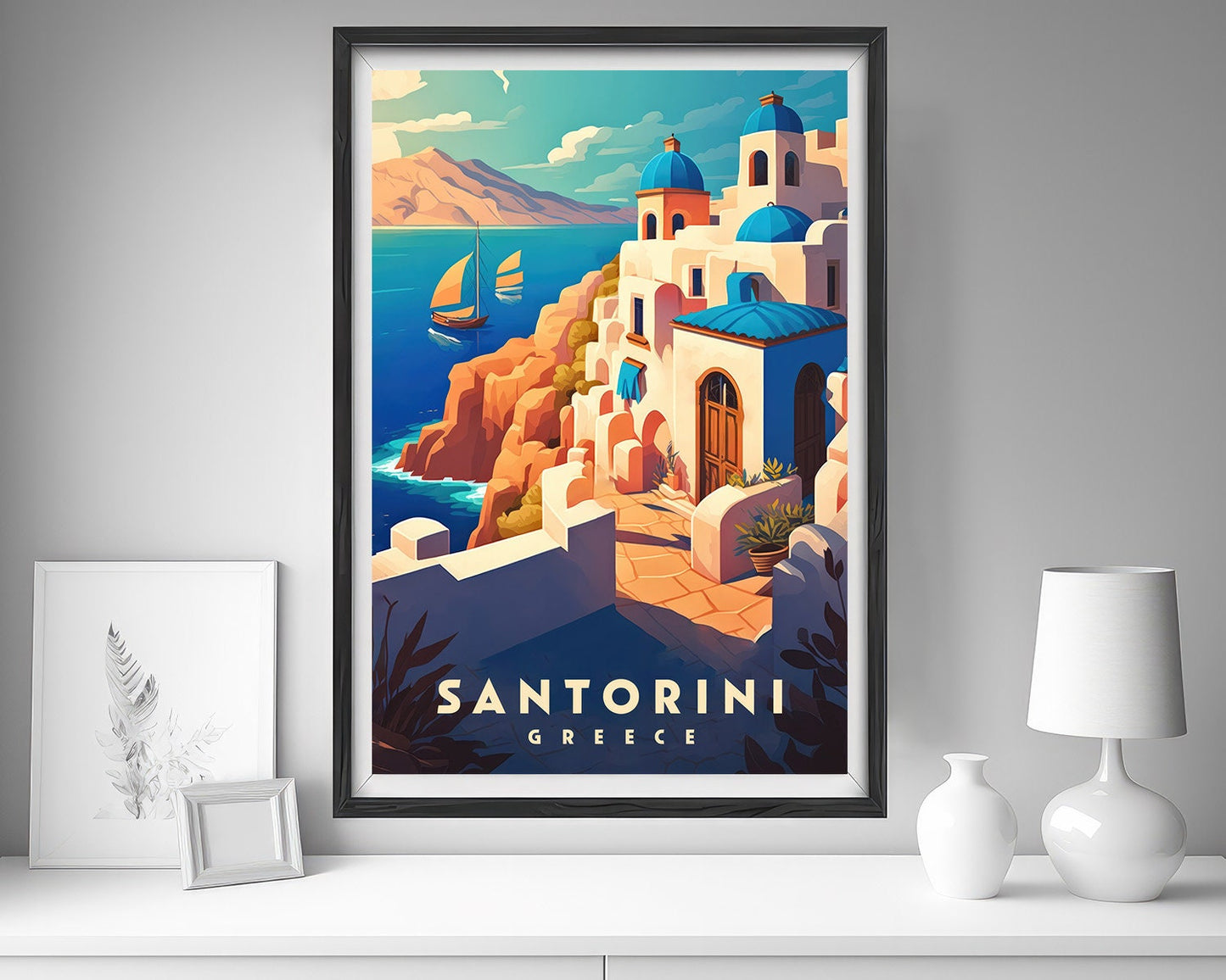 Framed Santorini Greece Travel Poster in Portrait orientation, minimal background, close up wall art print 5