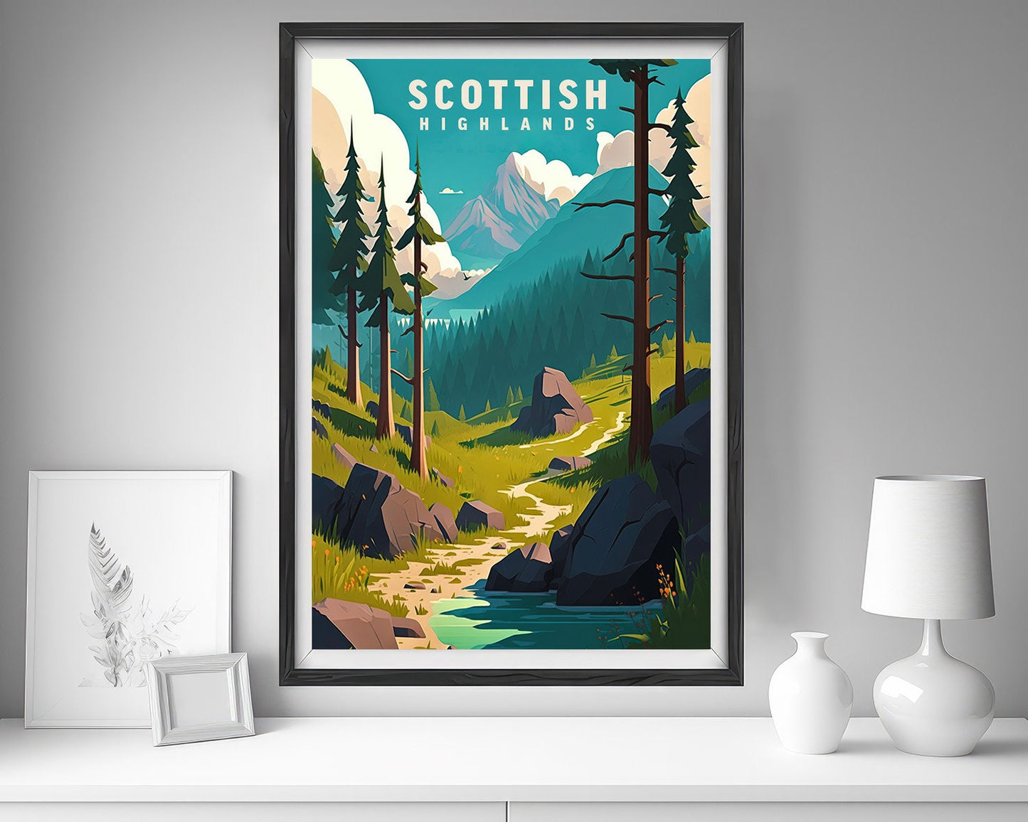 Framed Scottish Highlands Travel Poster in Portrait orientation, minimal background, close up wall art print 5