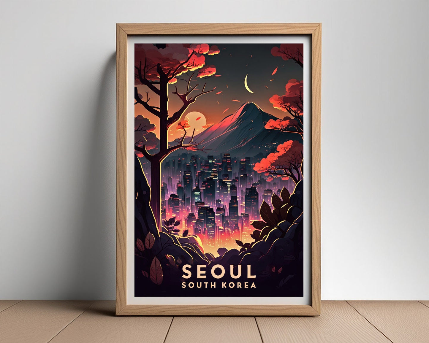 Framed Seoul South Korea Travel Poster in Portrait orientation, minimal background, close up wall art print 2
