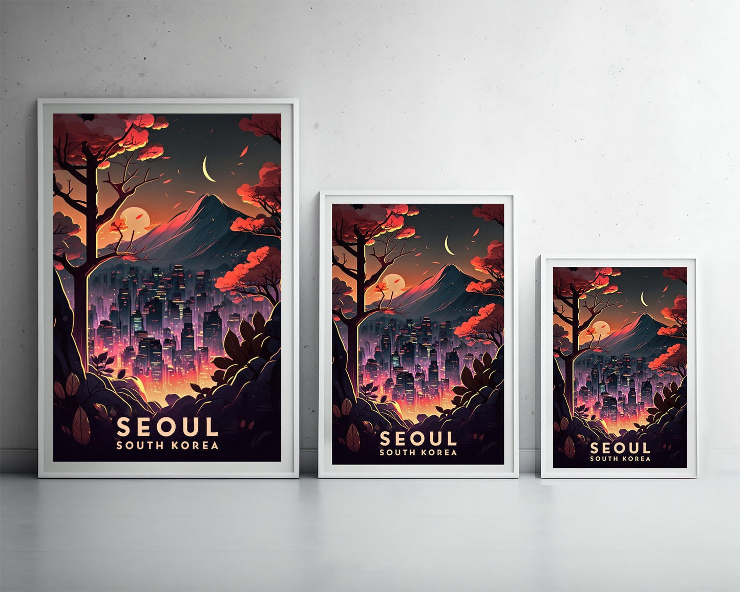 Framed Seoul South Korea Travel Poster in Portrait orientation, minimal background, close up wall art print 3