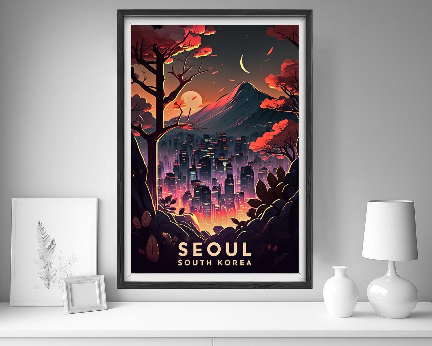 Framed Seoul South Korea Travel Poster in Portrait orientation, minimal background, close up wall art print 5