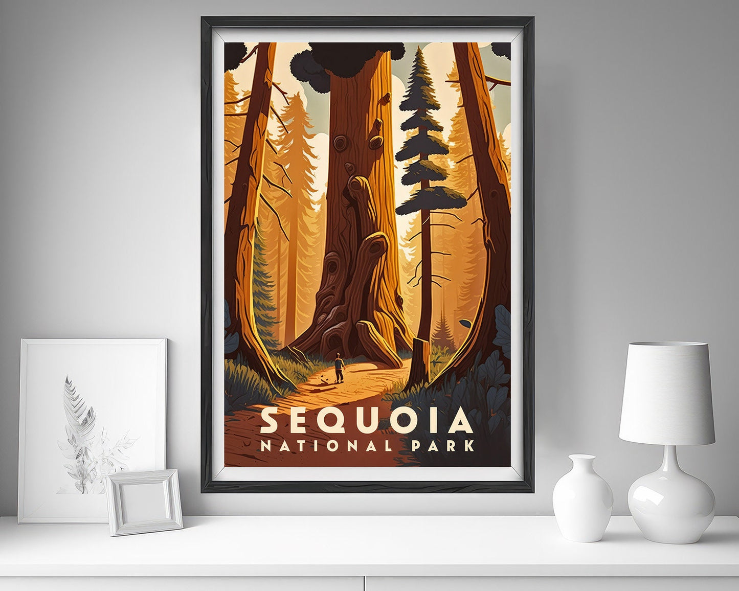 Framed Sequoia National Park Travel Poster in Portrait orientation, minimal background, close up wall art print 5