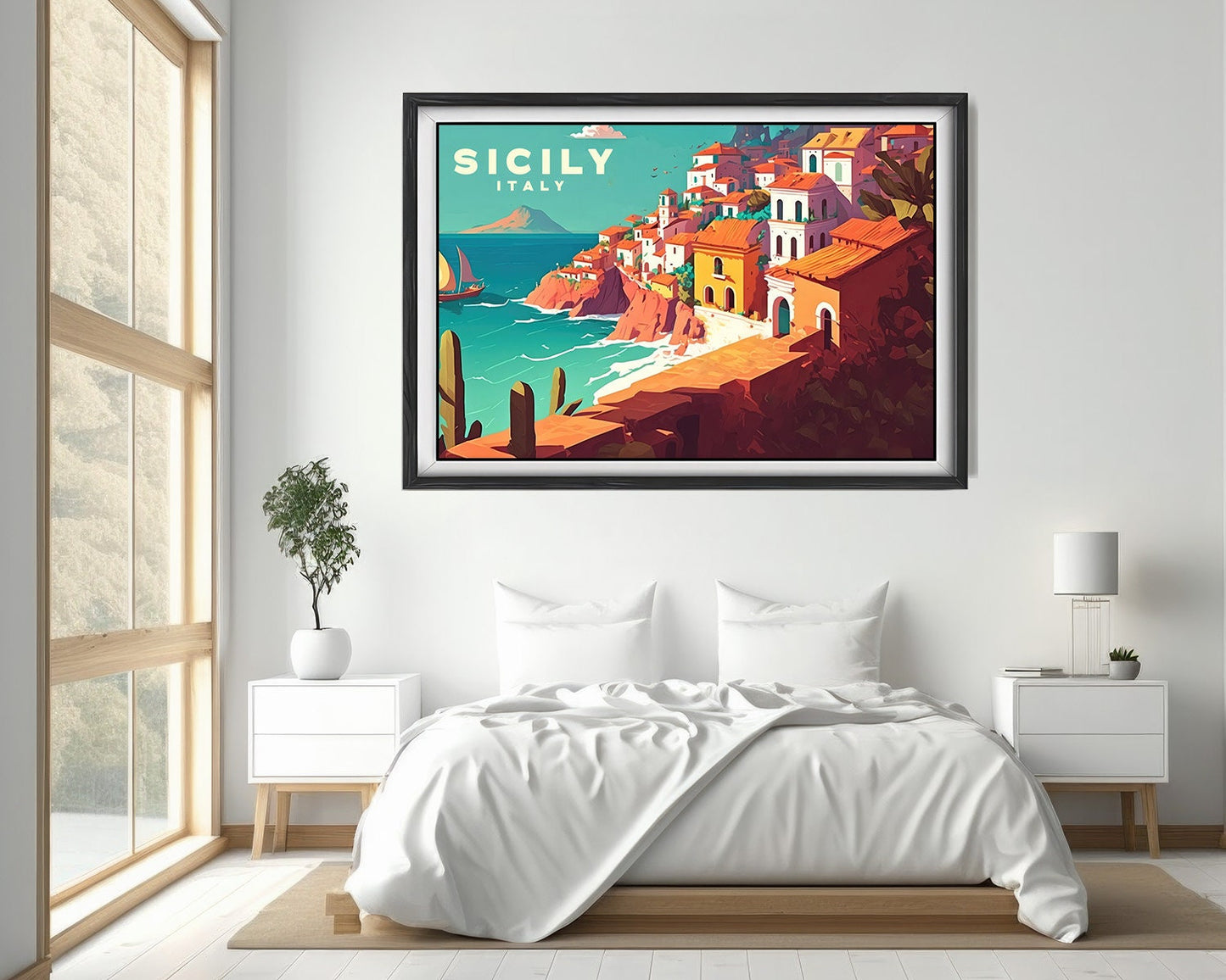 Framed Sicily Italy Travel Poster in Landscape orientation, minimal background, close up wall art print 4