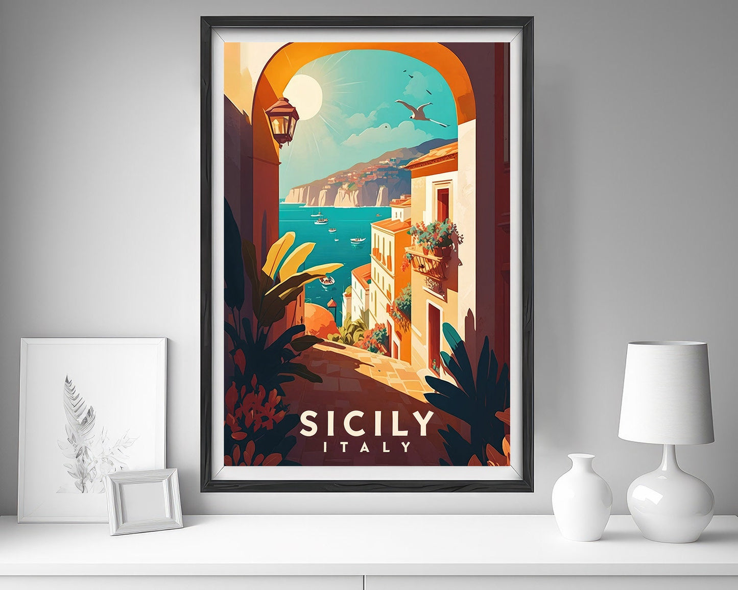 Framed Sicily Travel Poster in Portrait orientation, minimal background, close up wall art print 5