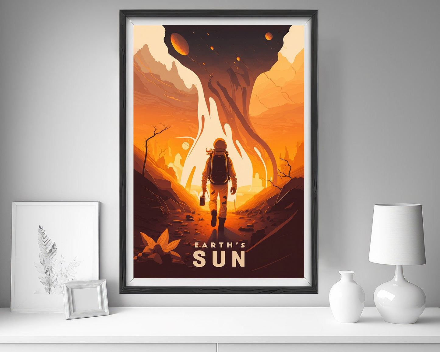 Framed Solar System Sun Travel Poster in Portrait orientation, minimal background, close up wall art print 5
